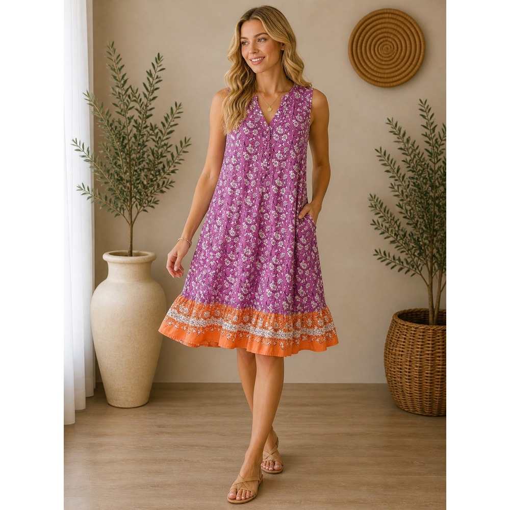 UNTUCKit Dakota Floral Sleeveless Ruffle Hem Dress Purple Orange 41547 Womens L